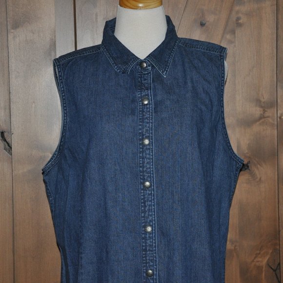 L L Bean Blue Denim Jean Sleeveless Collared Button Down Front Dress 100% Cotton - Picture 2 of 4